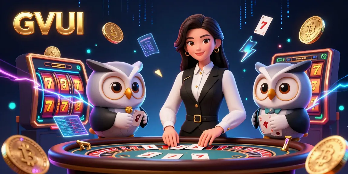 Engage in thrilling games at GVUI, featuring a dynamic scene with dealers and jackpot elements.