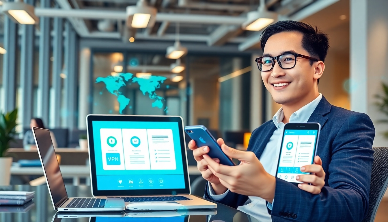 快连下载 showcased on multiple devices in a modern office, emphasizing global connectivity and user-friendly interface.