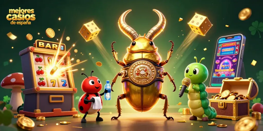 Ilustración de los mejores casinos online de España con un escarabajo dorado y símbolos de juego.