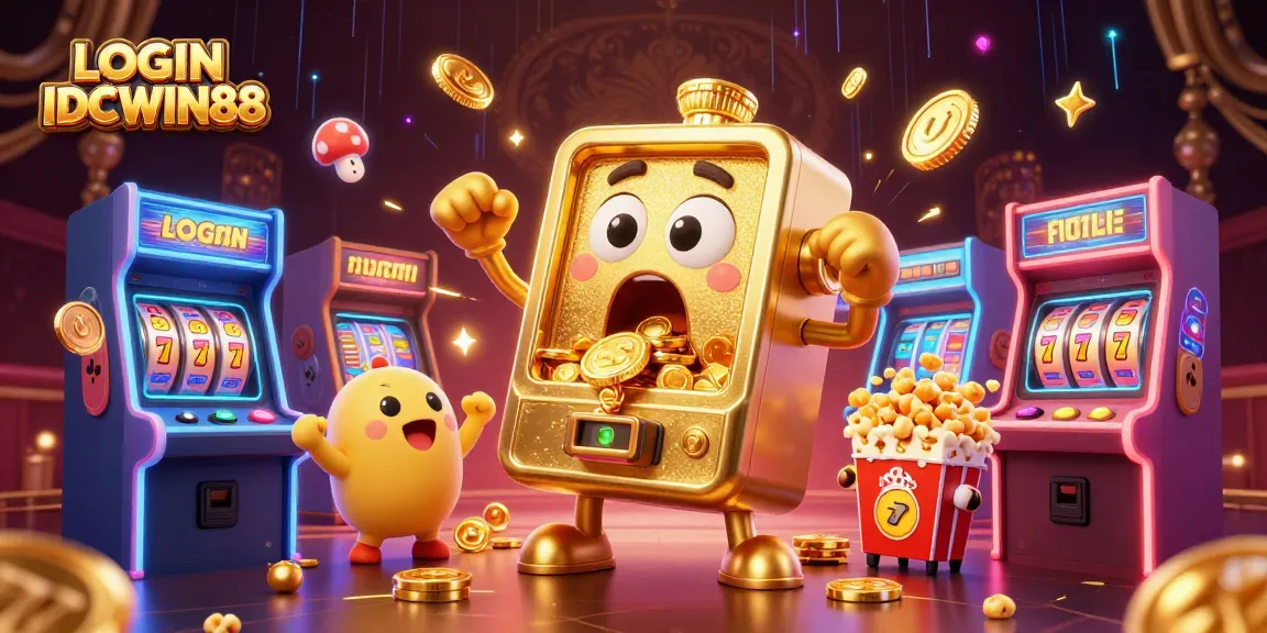 Engage with LOGIN IDCWIN88 as a golden slot machine hits a jackpot surrounded by cheering baby machines.