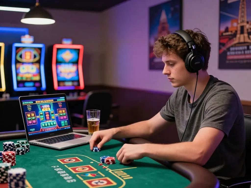 Engaging gambling scene with player at casino table using man88 platform, laptop illuminated by colorful graphics