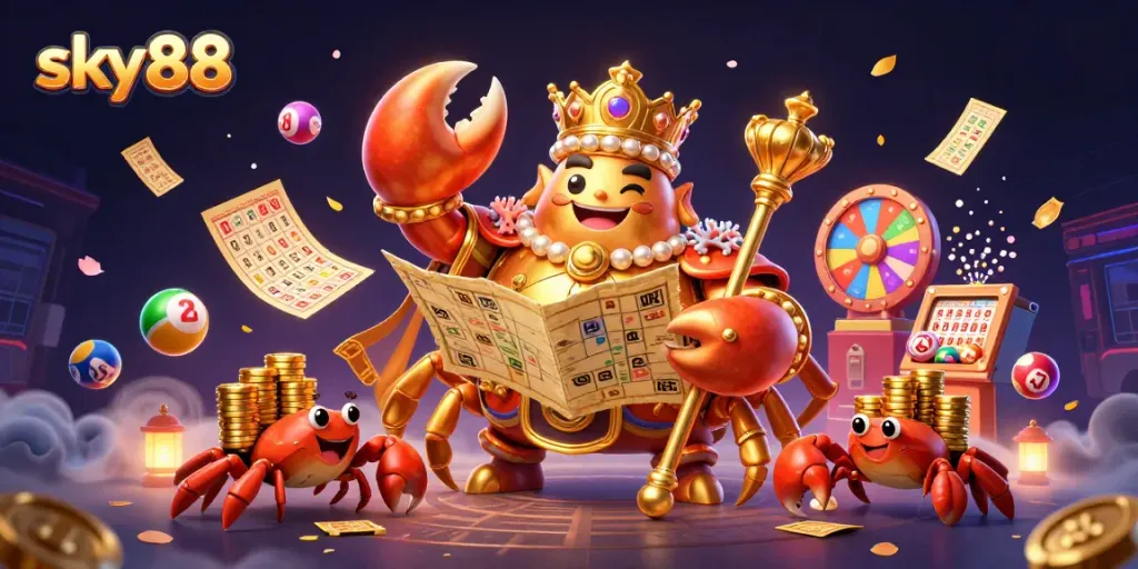 Engage in thrilling gaming at sky88 with vibrant elements, golden crab emperor, and lottery adventures.
