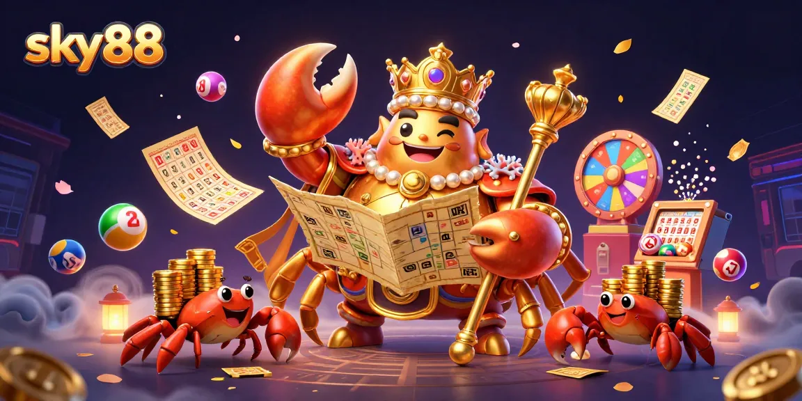 Engage in thrilling gaming at sky88 with vibrant elements, golden crab emperor, and lottery adventures.