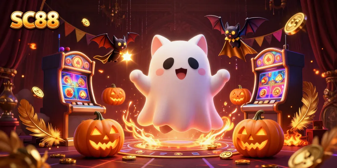 Experience thrilling gaming at SC88 with a ghost cat and vampire bat in a vibrant casino scene.