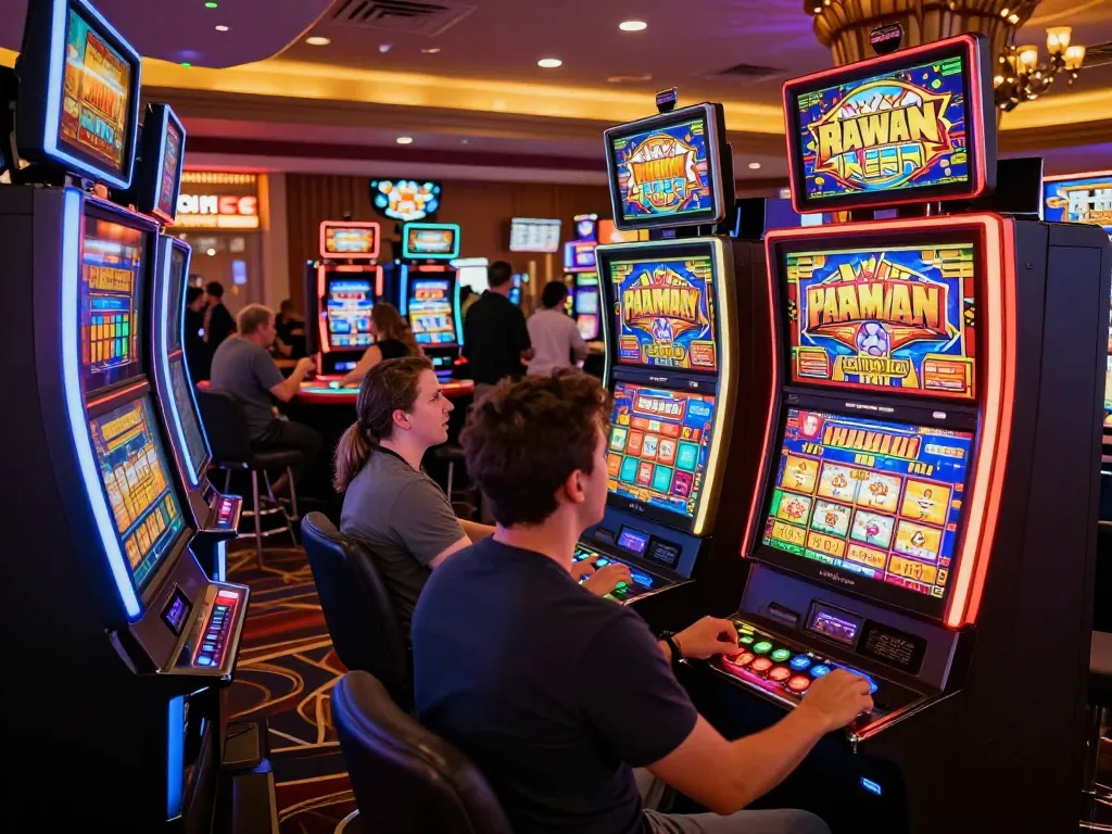 Players enjoying slots at Freecuci365 casino with vibrant machines and dynamic displays.