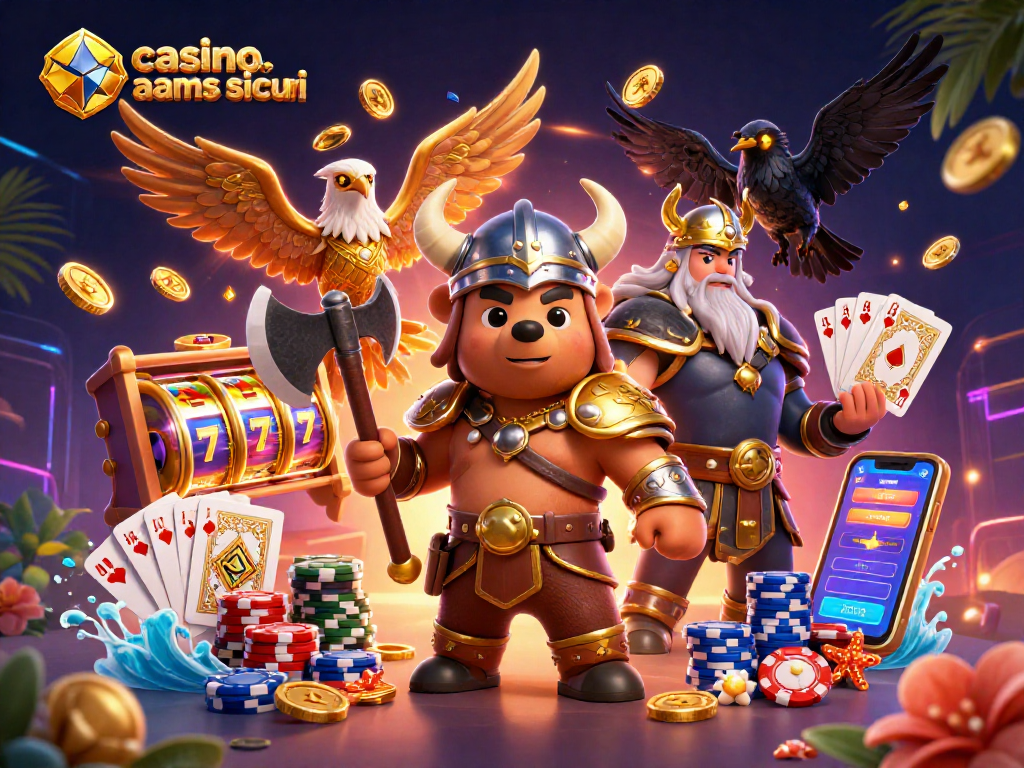 Gioca nei casino non AAMS sicuri con un'illustrazione di orso vichingo e simboli di fortuna.