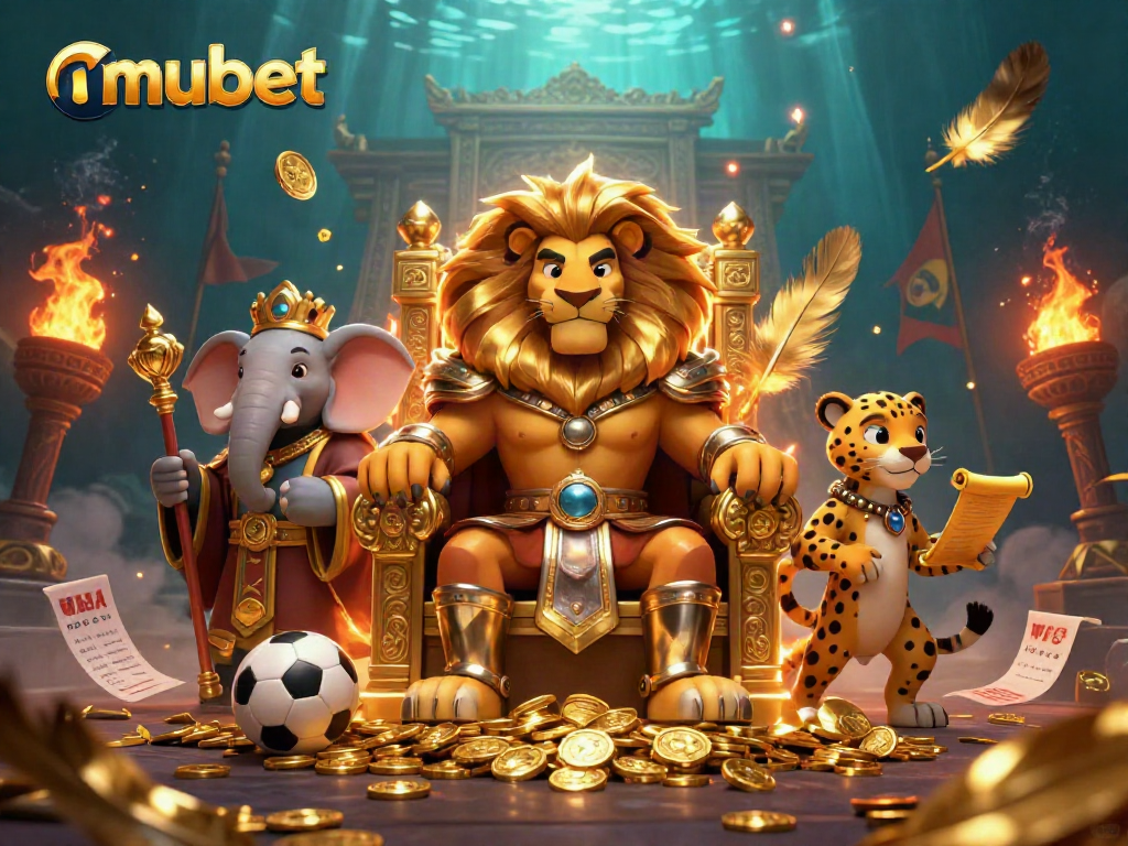 Exciting mubet sports betting scene showcasing a lion king on a throne of coins.