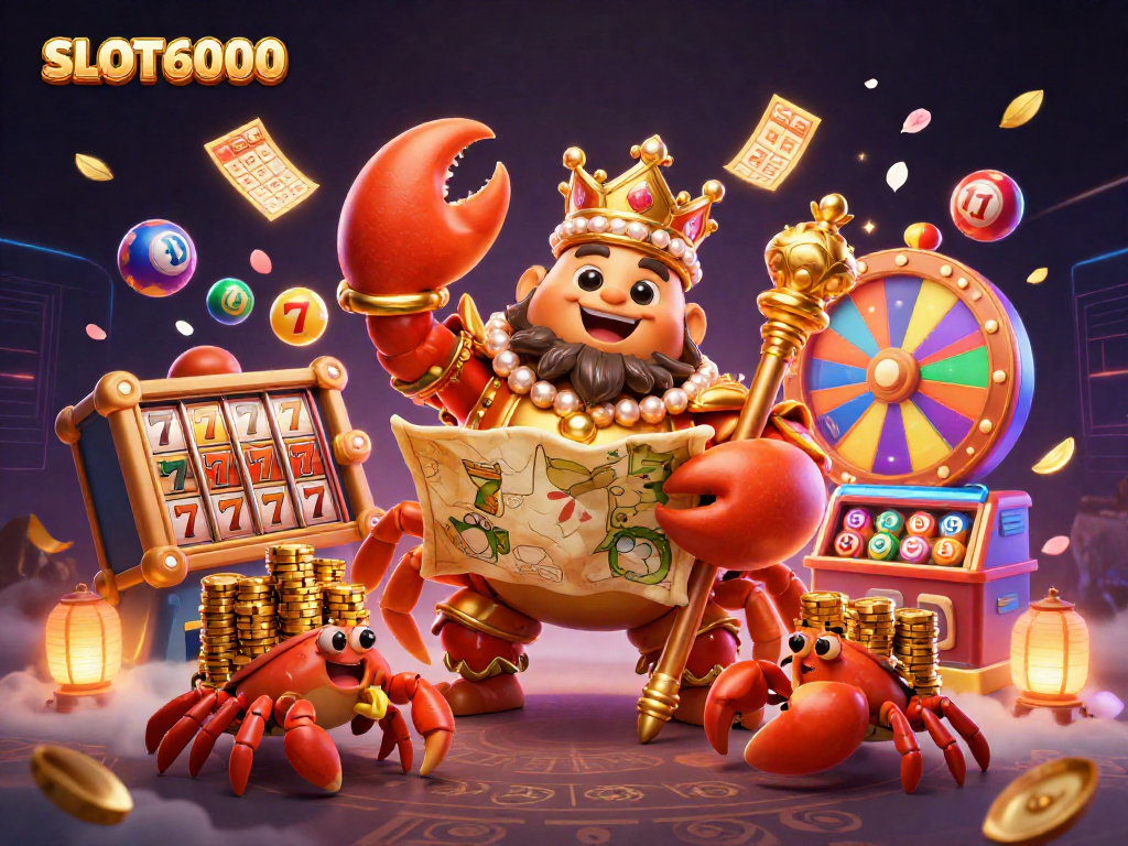 SLOT6000 engages players with a vibrant scene featuring a golden crab emperor surrounded by colorful gaming elements.