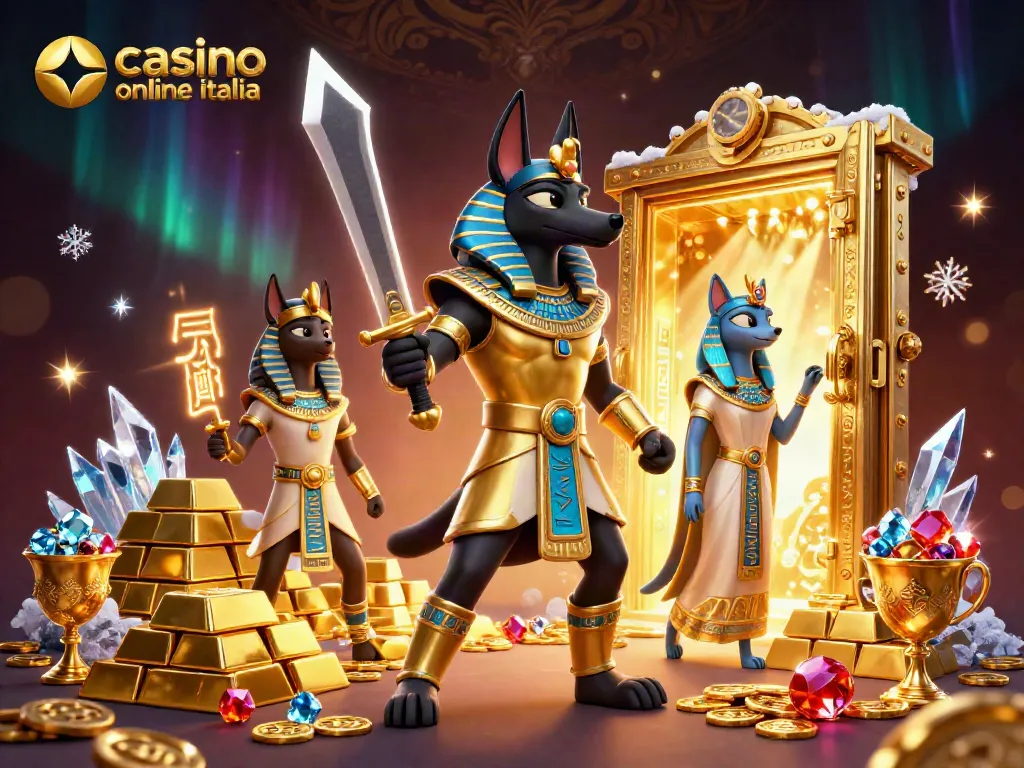 Gioca nel casino online Italia, con Anubis e Bastet circondati da tesori e simboli di gioco.