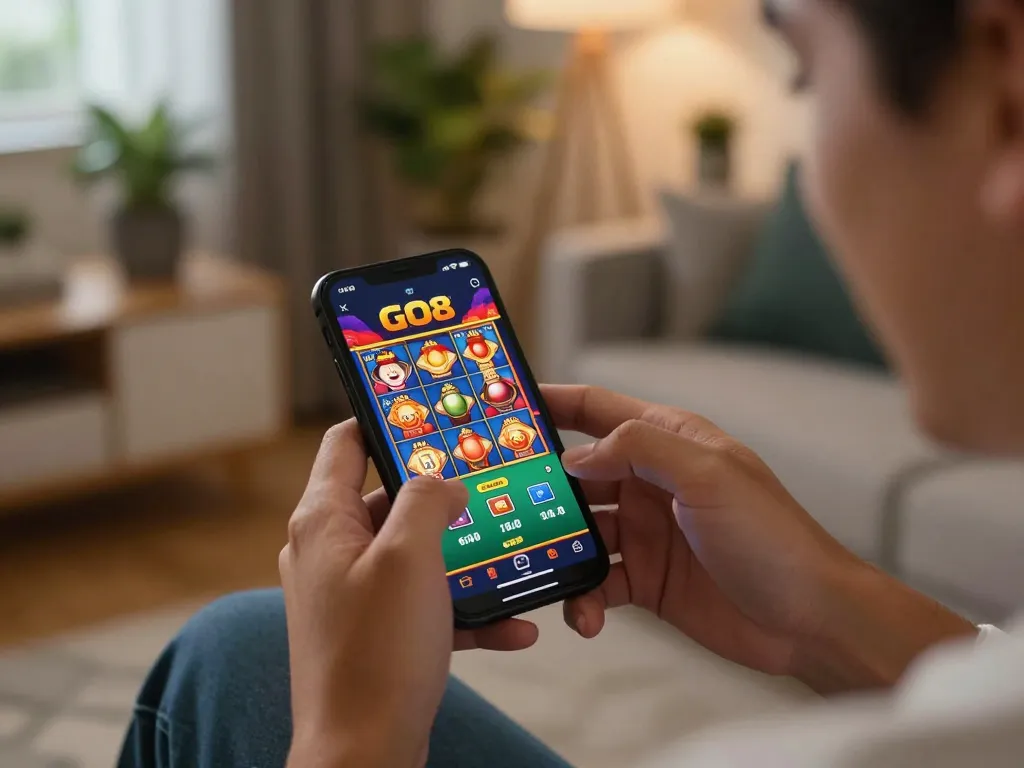 Engaging with the GO8 app for mobile gambling, showcasing the excitement of casino gaming