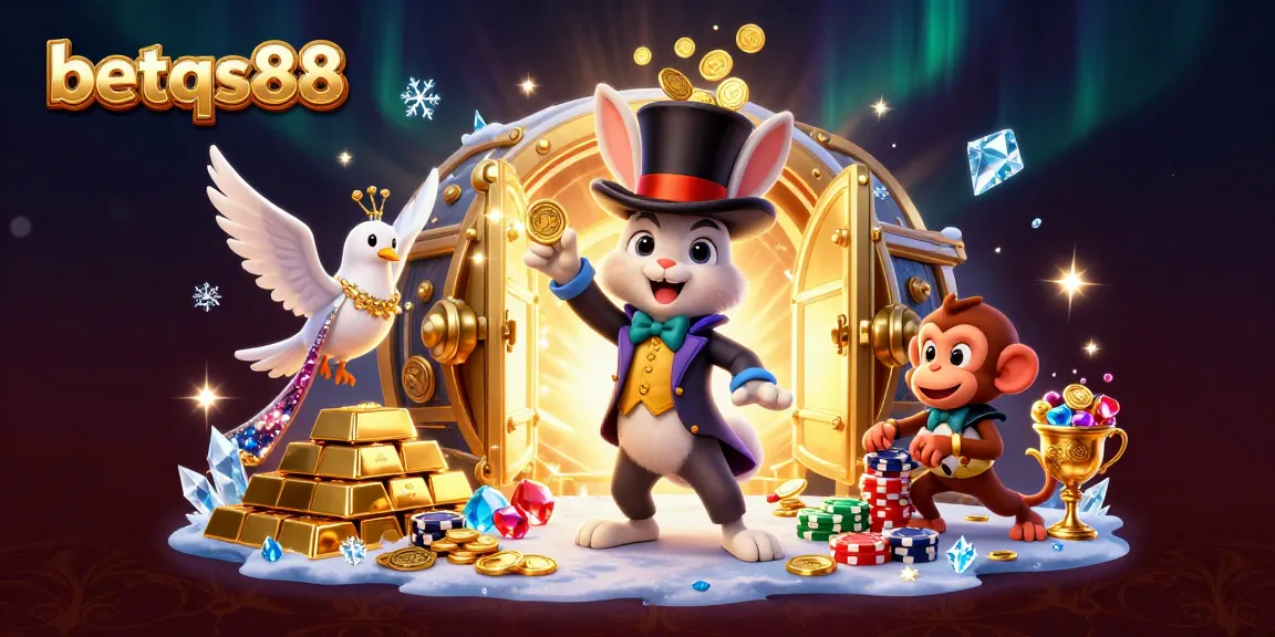 betqs88 offers fun with a 3D rabbit magician, a dove, and a monkey surrounded by sparkling casino treasures.