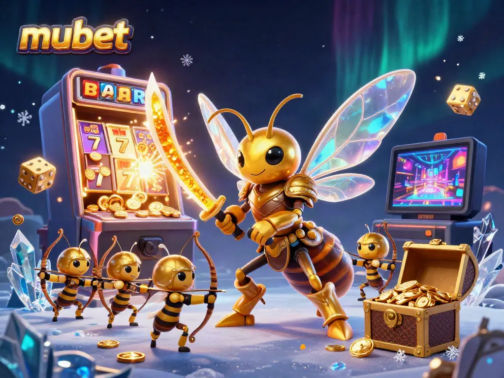 Engage with mubet's vibrant online gambling with a dynamic scene of a golden hornet warrior amidst casino excitement.