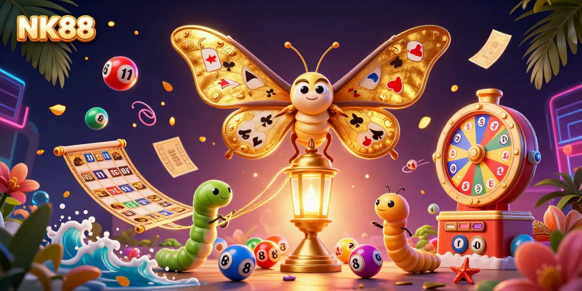 Experience NK88's vibrant casino world with a dynamic 3D illustration featuring lively games and golden elements.