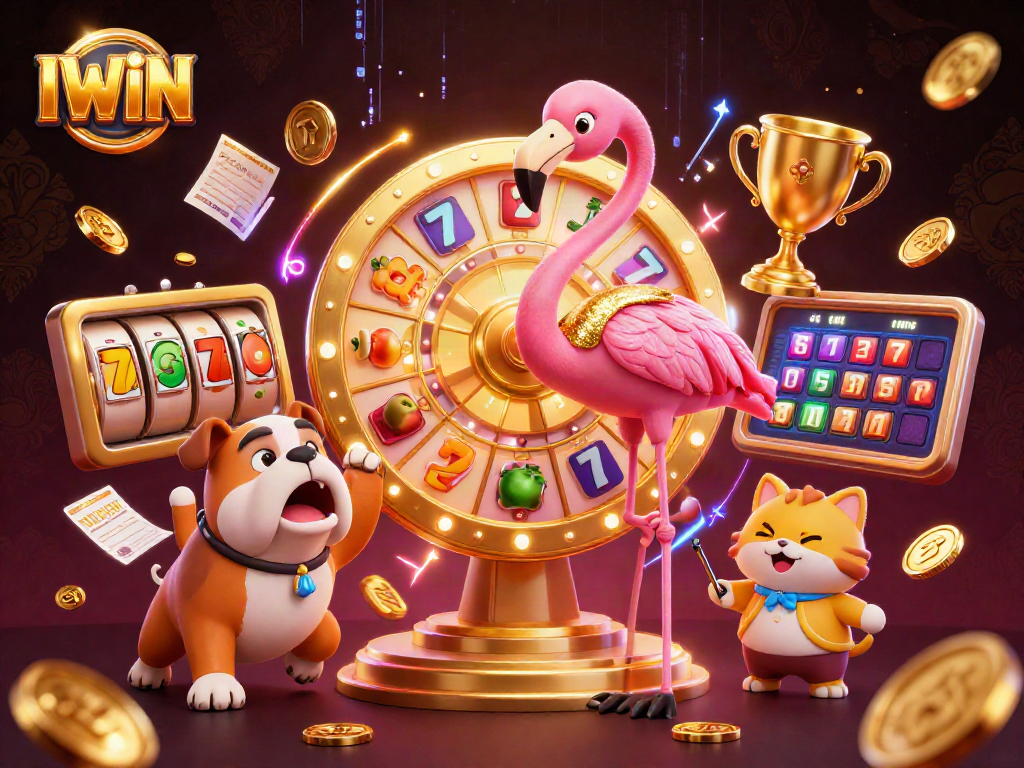 IWIN showcases a lively casino scene with a game show host and prizes amid slot reels and coins.
