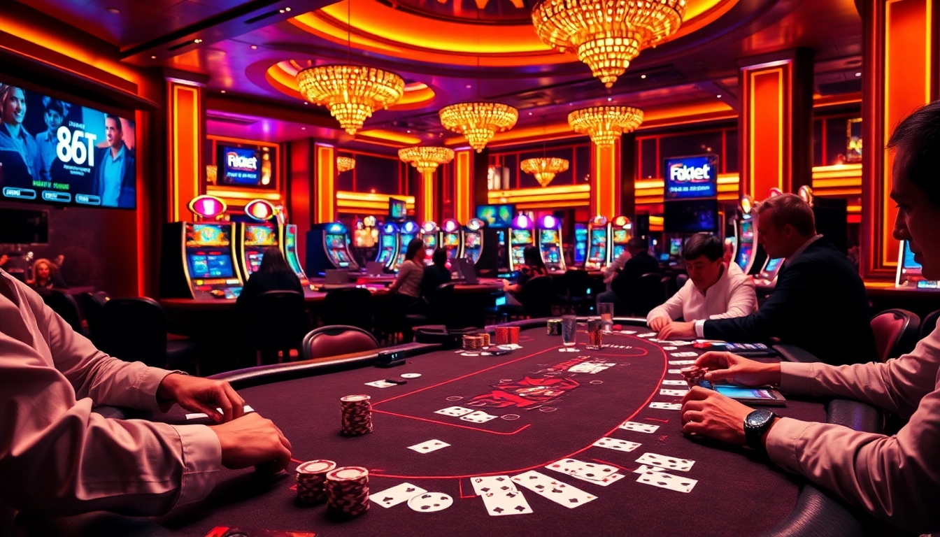 Experience high-stakes gambling at 8kbet with a lavish poker table and vibrant casino atmosphere.