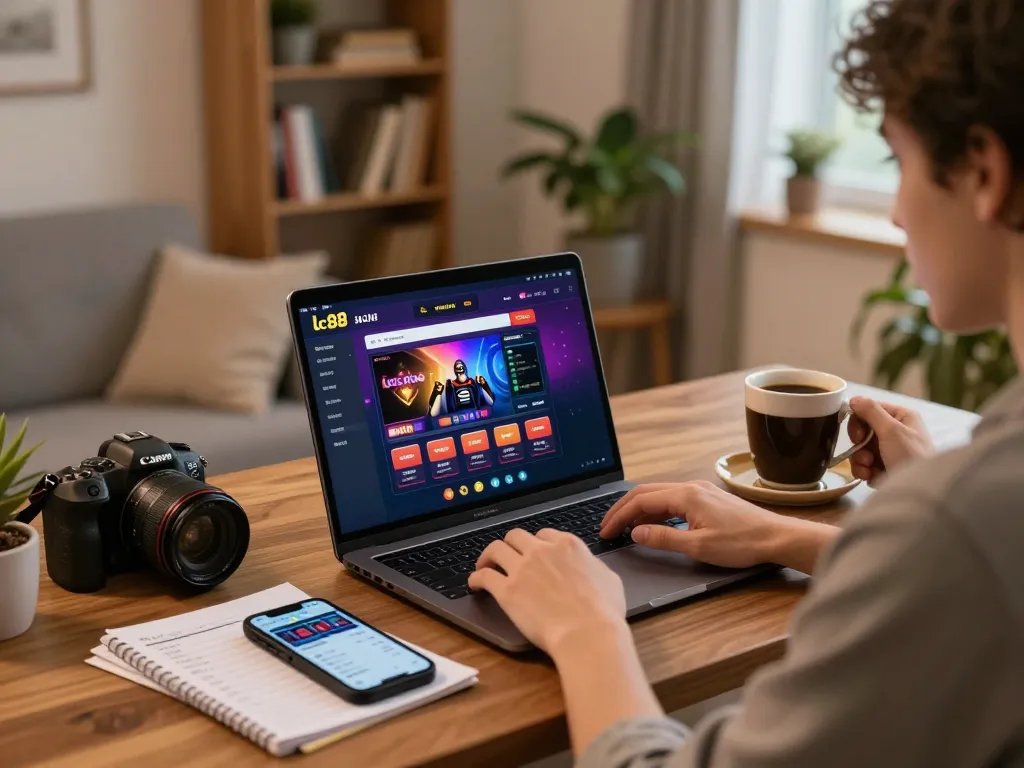 Person engaging with the lc88 online casino interface on a laptop in a cozy home setting, emphasizing modern gambling.