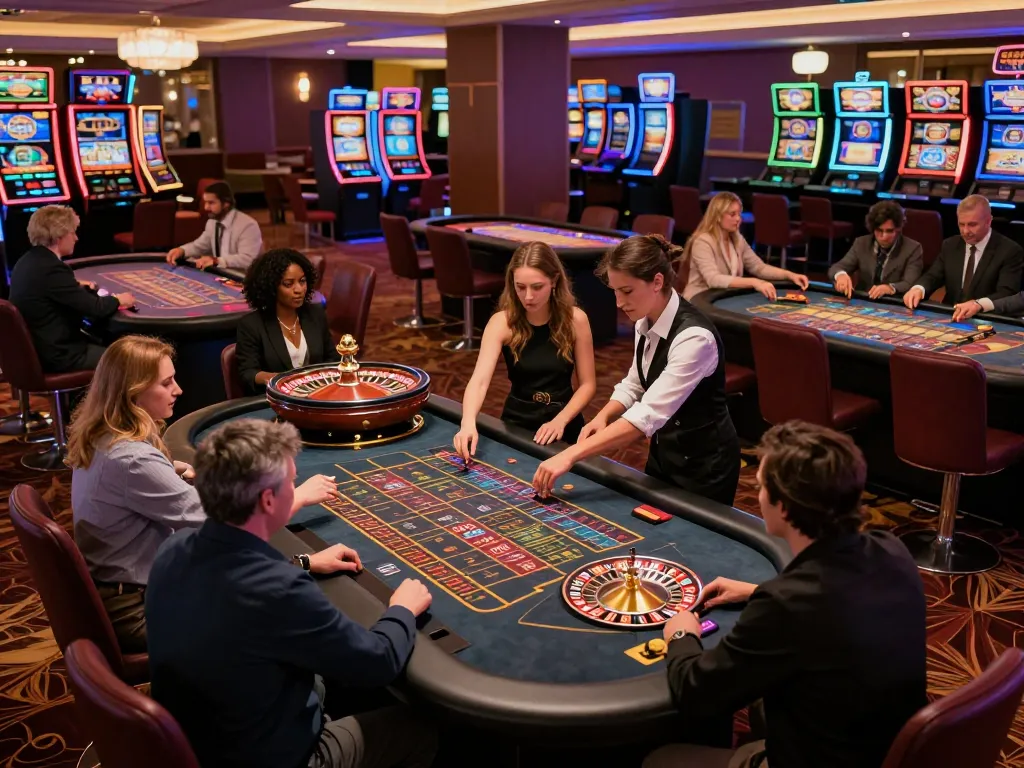 Experience the thrill of MB66 gaming with lively roulette tables and players engaging in bets.