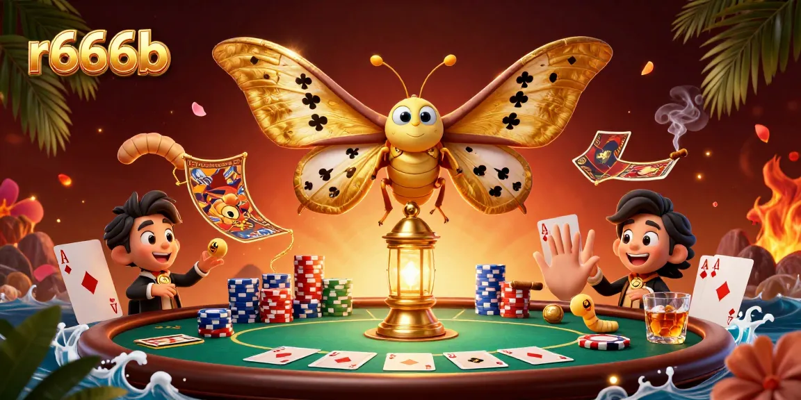 Experience the thrill of r666b with a vibrant casino scene featuring a majestic moth symbolizing luck.