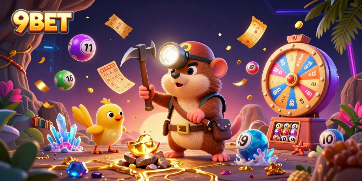 Engage with the exciting world of 9BET as a treasure hunter mole finds riches amidst vibrant gaming elements.