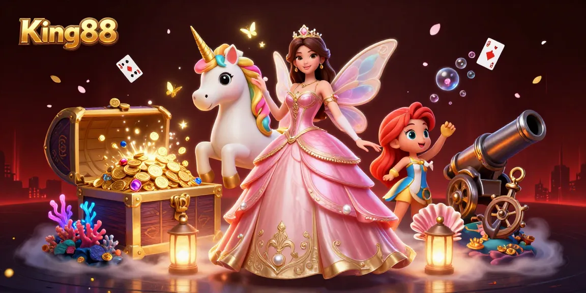 Experience King88's enchanting casino world with a glamorous 3D scene full of magic and treasure.
