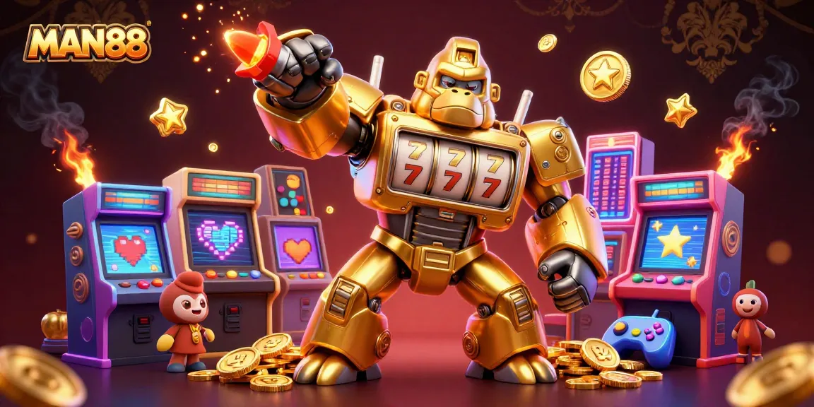 Engage in thrilling gameplay with MAN88's vibrant 3D casino mech scene exploding with coins and excitement.