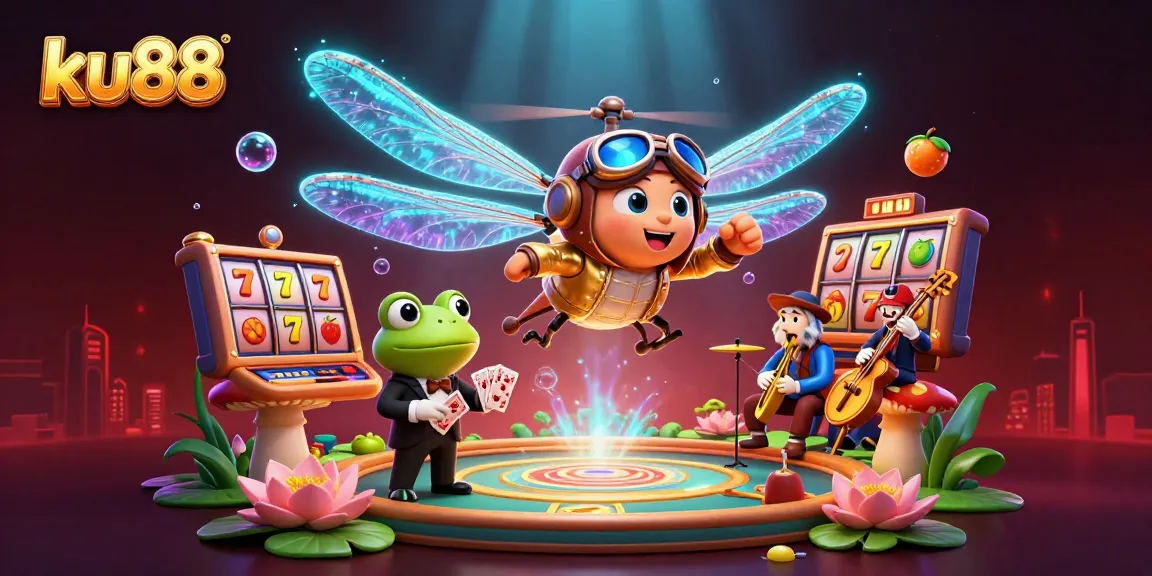 ku88 engages players at an animated casino with a dragonfly pilot and frog croupier amidst slots.