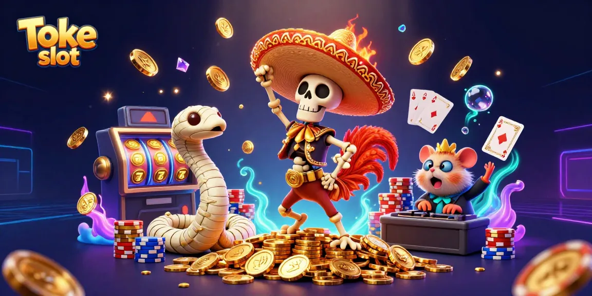 Toke slot celebrates big wins with a dynamic 3D illustration of a mariachi rooster, mummy snake, and DJ hamster.