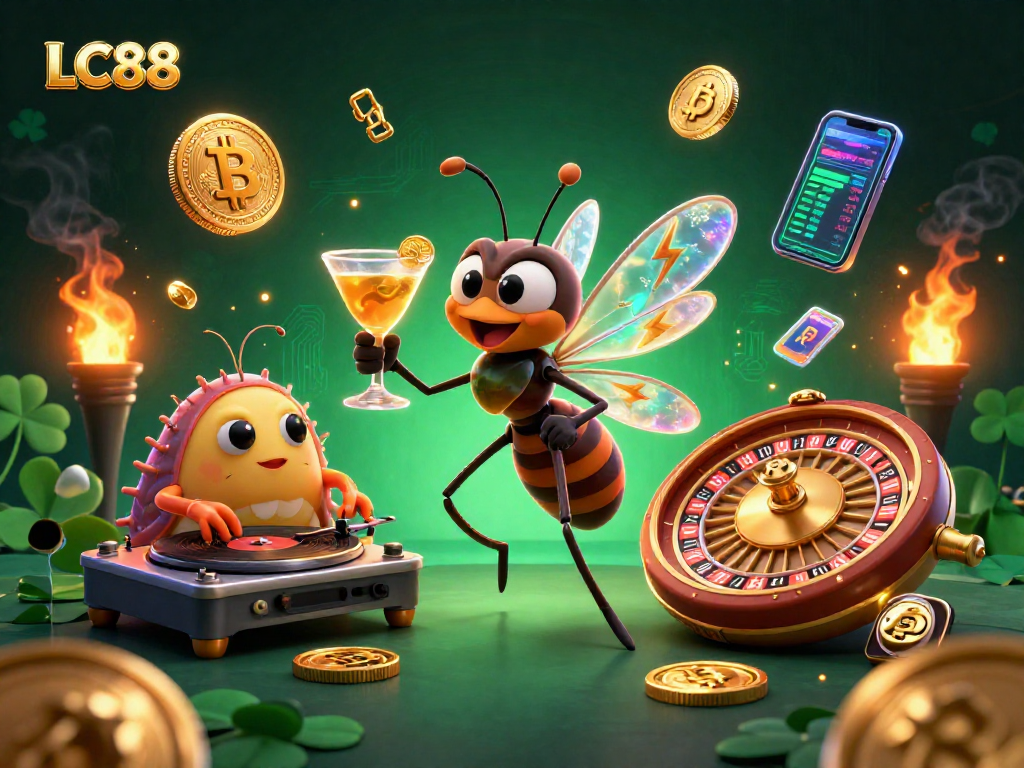 Engage with LC88's vibrant casino experience featuring a lively frozen mosquito mascot and a trilobite DJ.