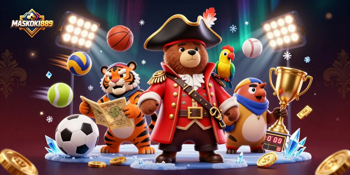 MASKOKI889 showcases an exhilarating scene of animated characters in a vibrant casino setting, celebrating sports with dynamic elements.