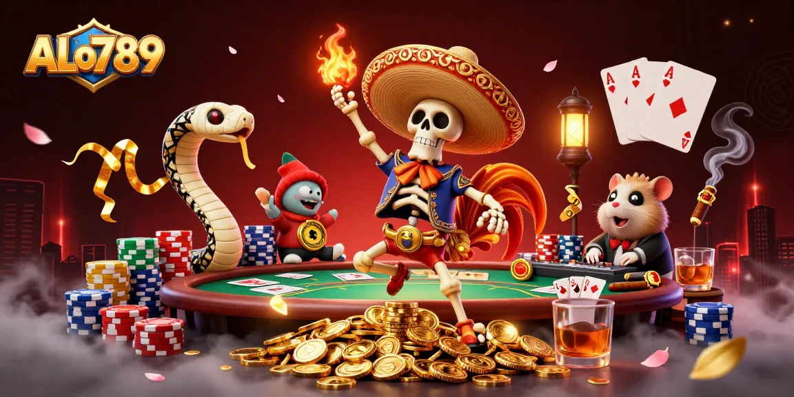 Win big at ALo789 while the skeleton mariachi rooster celebrates on coins amidst a vibrant casino scene.