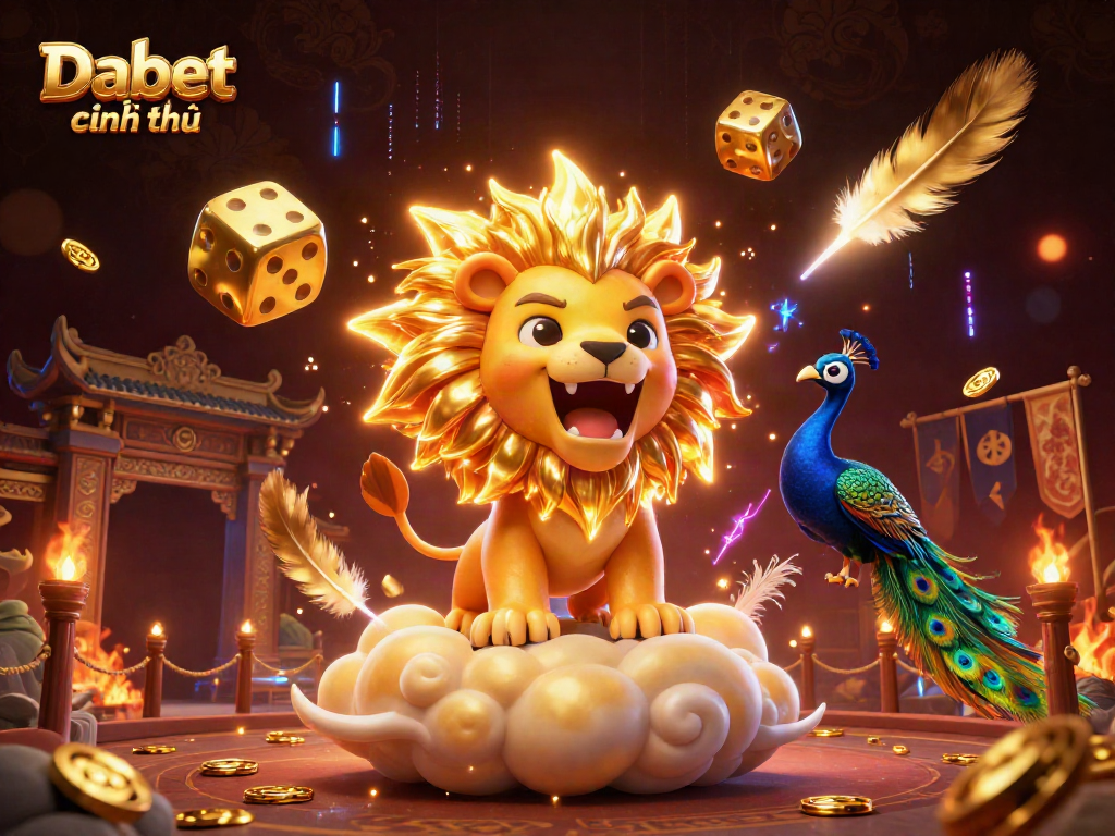 Dabet chính thức showcases a vibrant gambling scene with a roaring lion, golden dice, and a peacock, creating an exhilarating atmosphere.