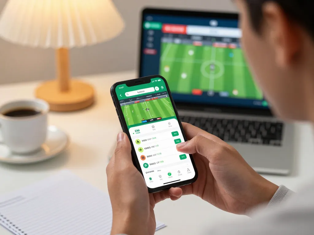 Engaged bettor analyzing live match odds on the tylekeo app in a cozy setting.