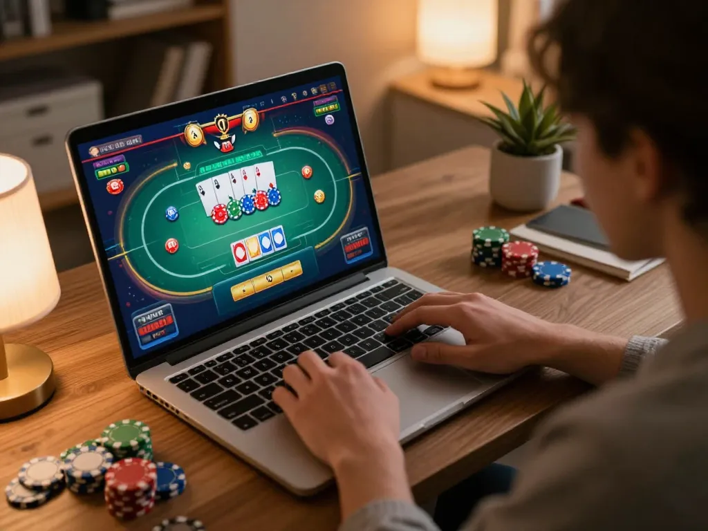 Player engaging in an online poker game on 98win at home, showcasing a lively gaming atmosphere.