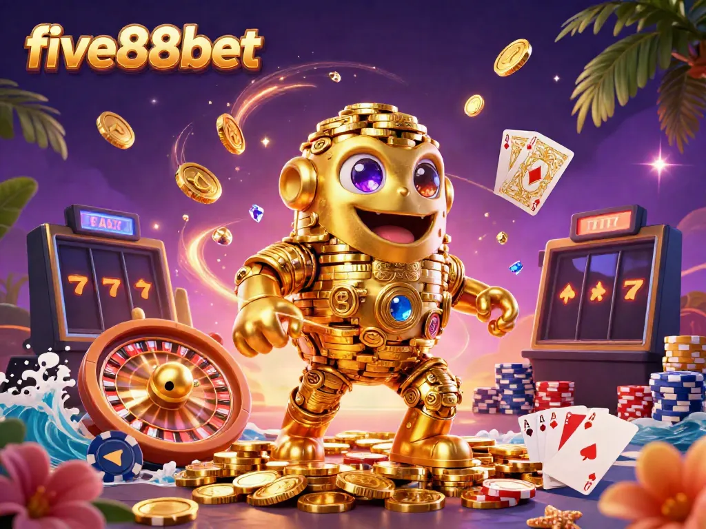 Engage with thrilling games at five88bet featuring an ancient golden golem amidst coins and roulette.