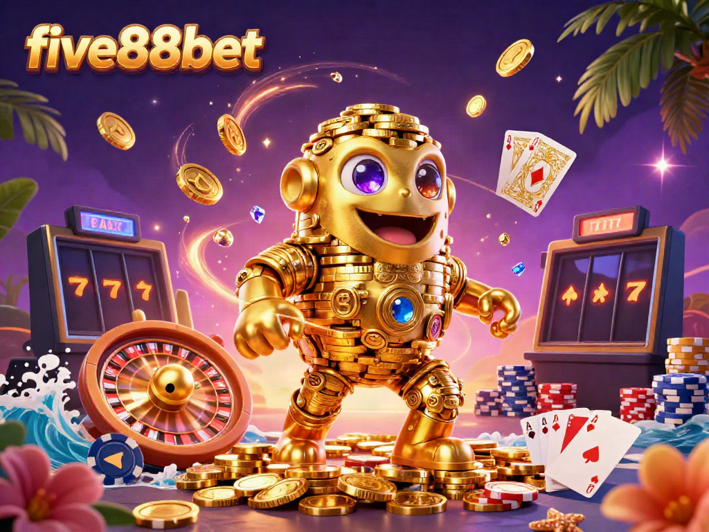 Engage with thrilling games at five88bet featuring an ancient golden golem amidst coins and roulette.