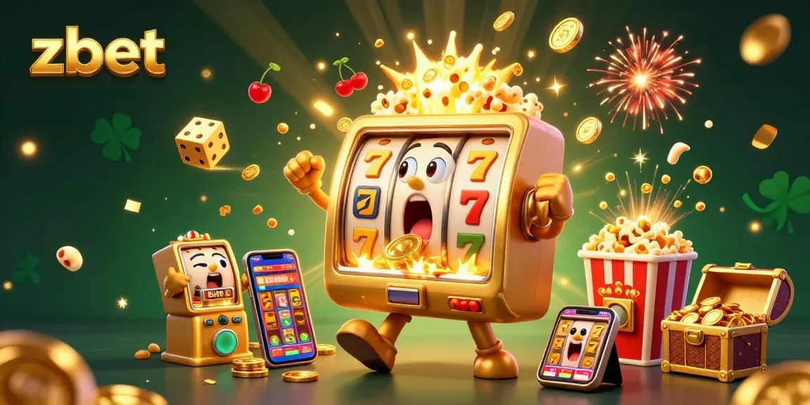 Zbet celebrates wins with a vibrant scene featuring golden slot machines and overflowing coins.