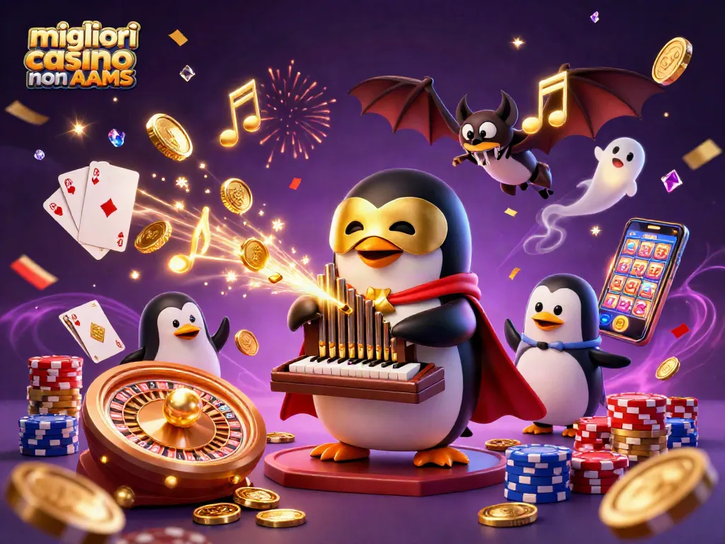 Migliori casino non AAMS: vivace illustrazione di un pinguino fantasma che suona un organo, circondato da monete d'oro e simboli di gioco