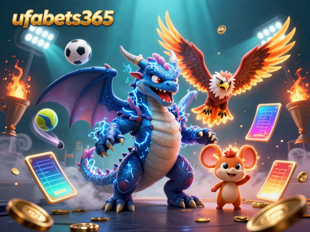Bet on ufabets365 with thrilling dragon-themed sports betting illustration featuring dynamic elements.