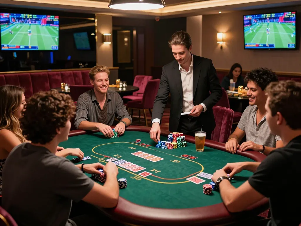 Exciting gambling scene at 79KING with friends enjoying poker in an upscale lounge.