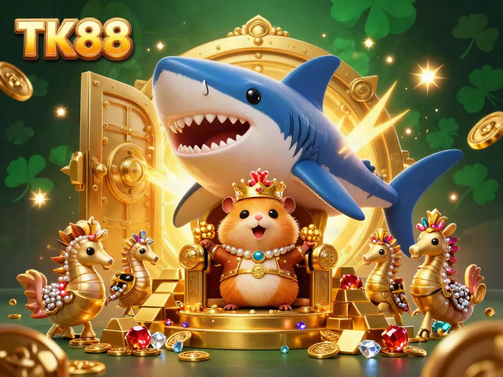 Experience the captivating winning atmosphere at TK88 with a golden hamster king and treasures in a vibrant casino setting.
