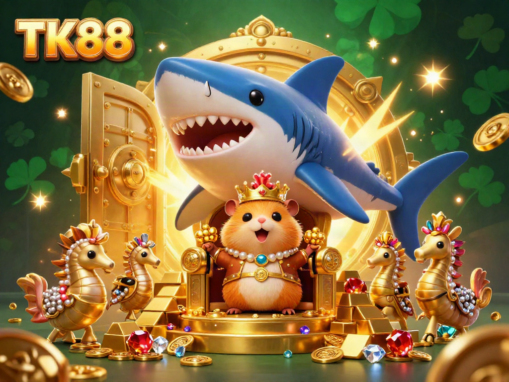 Experience the captivating winning atmosphere at TK88 with a golden hamster king and treasures in a vibrant casino setting.