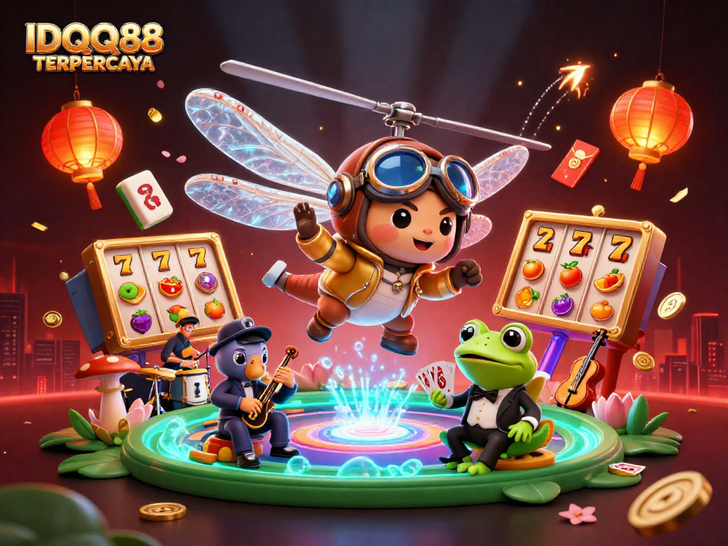 IDQQ88 TERPERCAYA brings casino excitement alive with a dragonfly pilot and a frog croupier in an engaging scene.