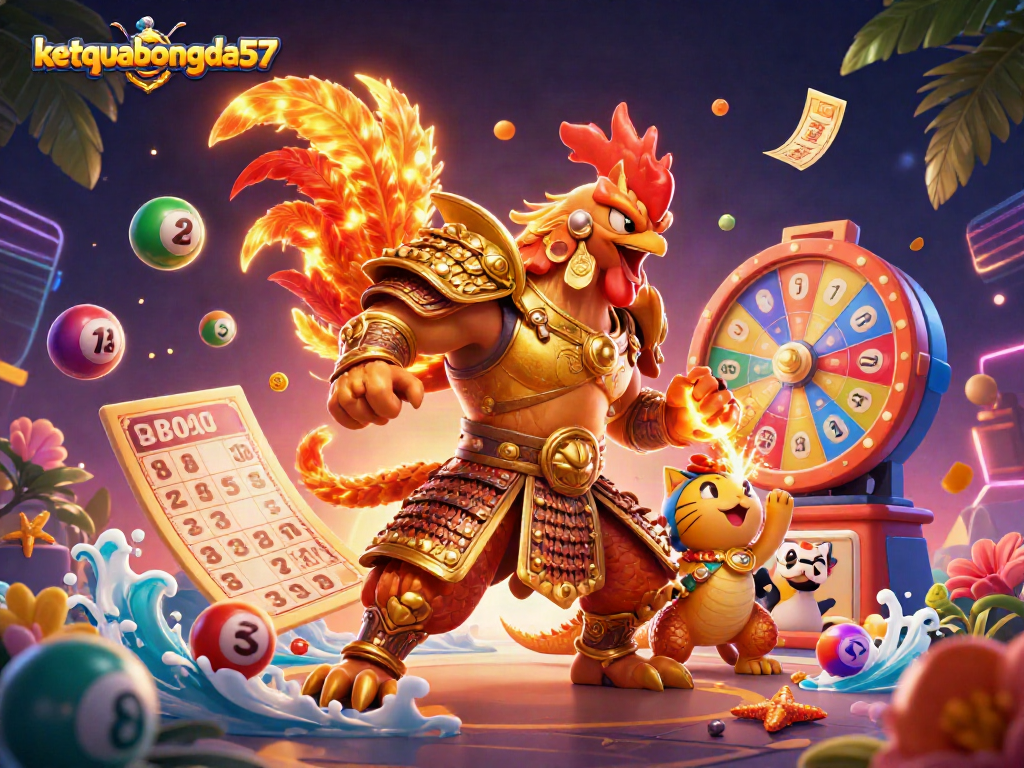 Witness thrilling action as ketquabongda57's powerful rooster warrior clashes with a fierce dragon hatchling amidst a vibrant casino scene filled with exciting prize elements.