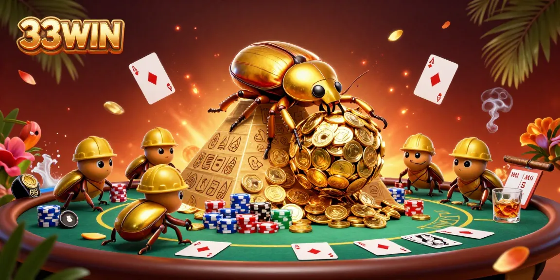 Experience exciting gameplay at 33WIN with golden beetles and casino elements in this vibrant illustration.