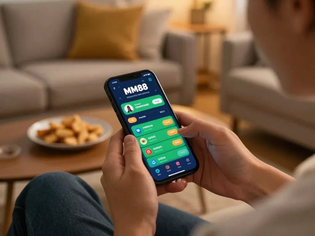 Enjoying sports betting on MM88 mobile app in a cozy home setting.