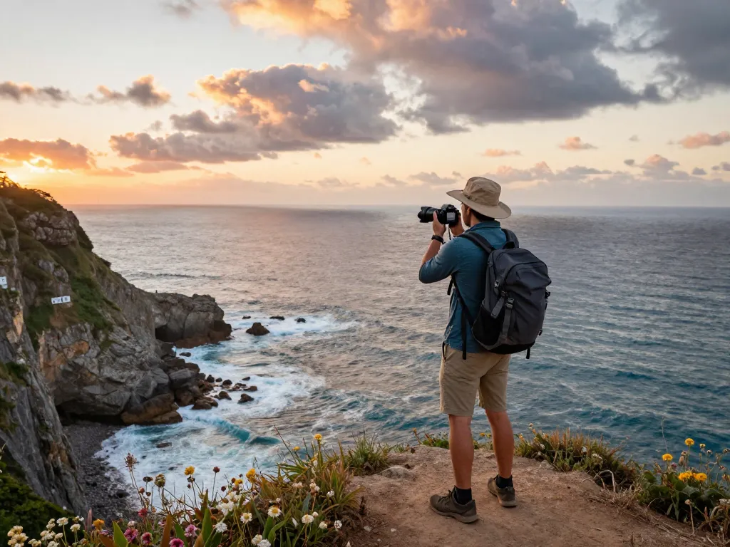 A traveler at a cliff's edge, capturing a breathtaking view of the ocean and sunset while preparing to visit website for travel inspiration.