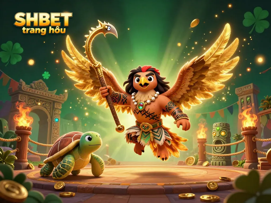 Experience thrilling gaming at SHBET trang chủ with a vibrant scene of a demigod, turtle sidekick, and casino elements.
