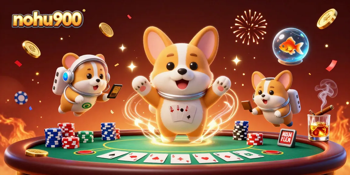 Join the adventure at nohu900 with a space casino scene featuring a playful corgi and vibrant poker action!