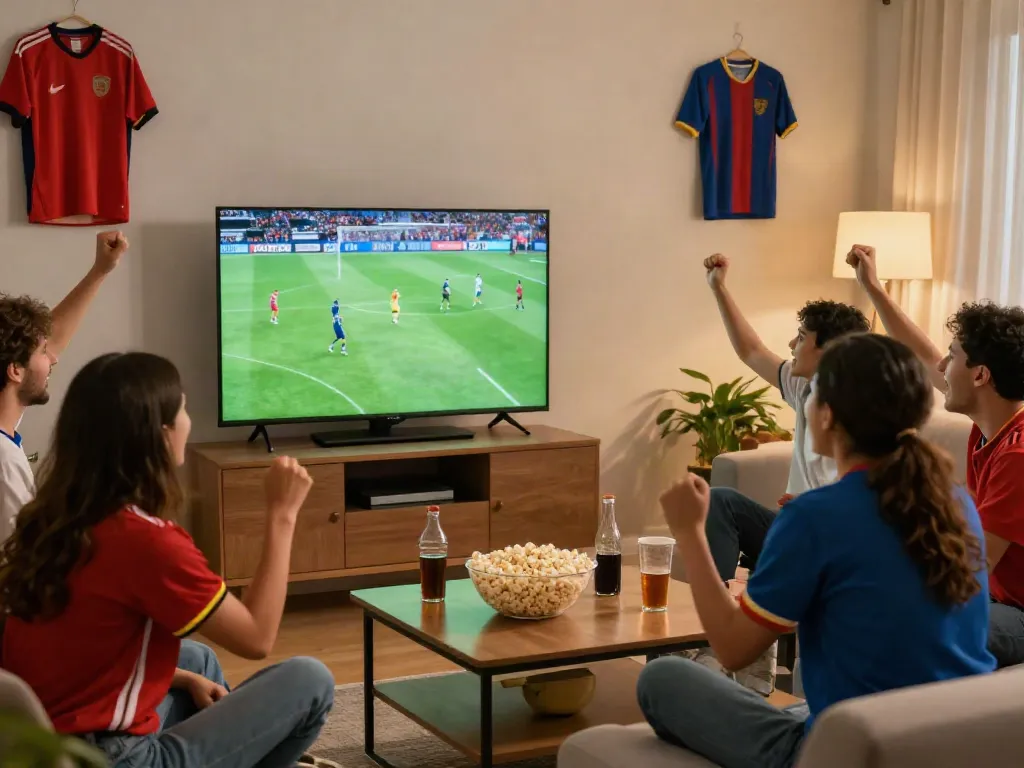 Crowd enjoying live football match at home through https://gavangtv.life/ with snacks and drinks.