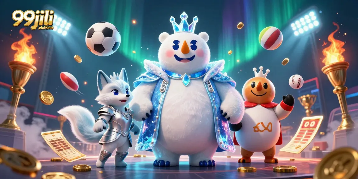Engage in the thrilling 99jili platform featuring animated sports elements and ice-themed characters.
